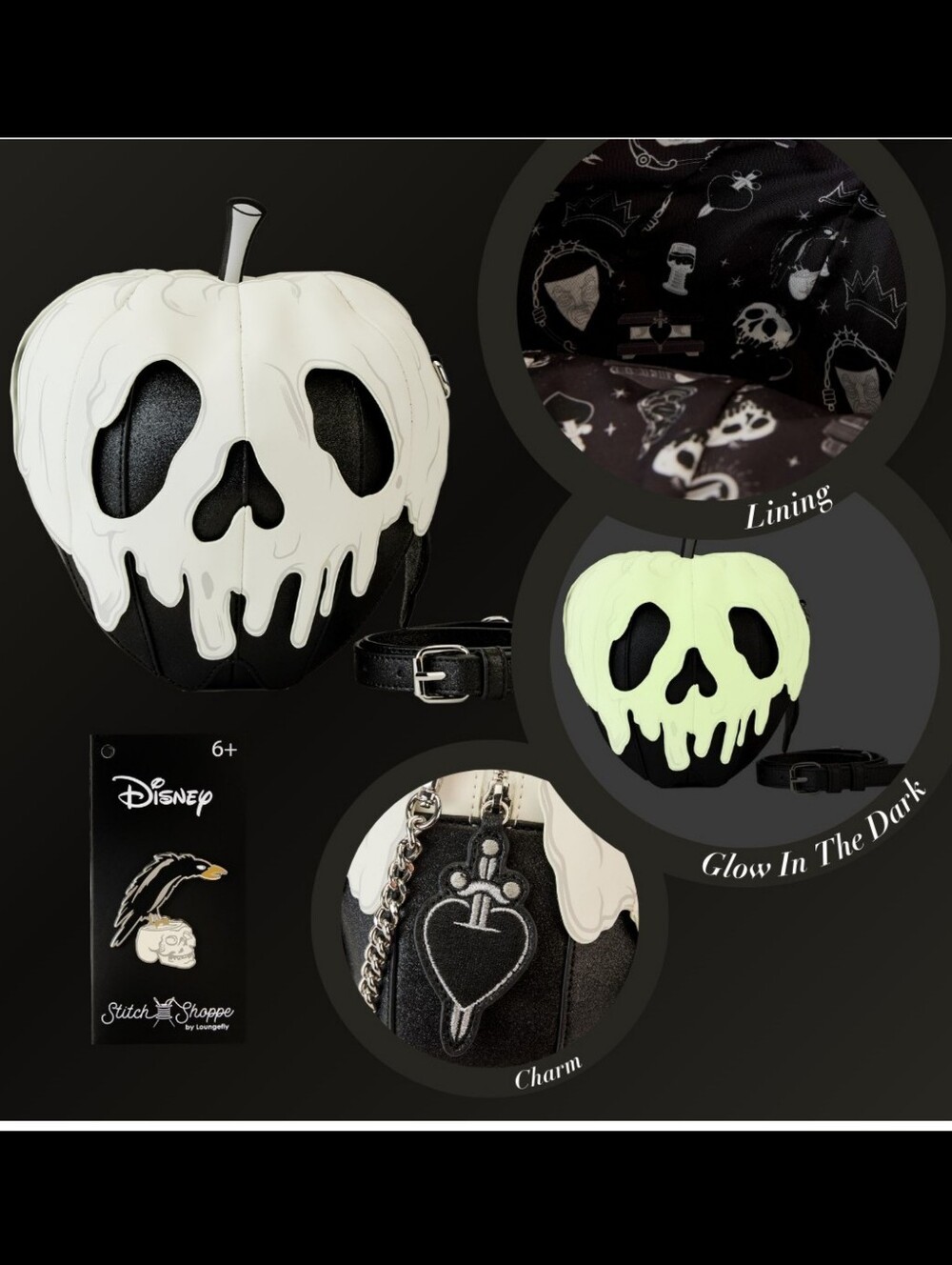 Stitch Shoppe By Loungefly Evil Queen Poison Apple Black Glitter Crossbody Bag